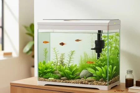 Modern fish tank with live plants, gravel, and small fish.