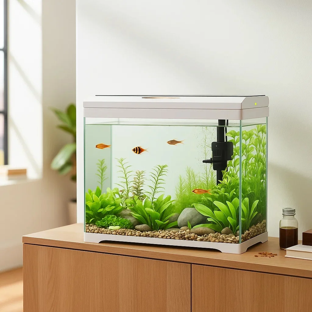 Modern fish tank with live plants, gravel, and small fish.