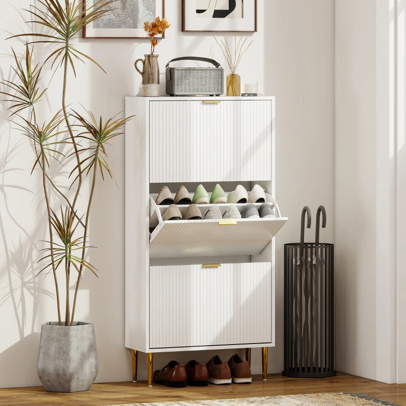 Modern white shoe cabinet with gold accents and organized footwear display.
