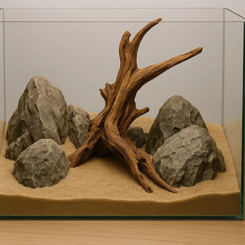 Aquarium with sandy substrate, large rocks, and central driftwood hardscape.
