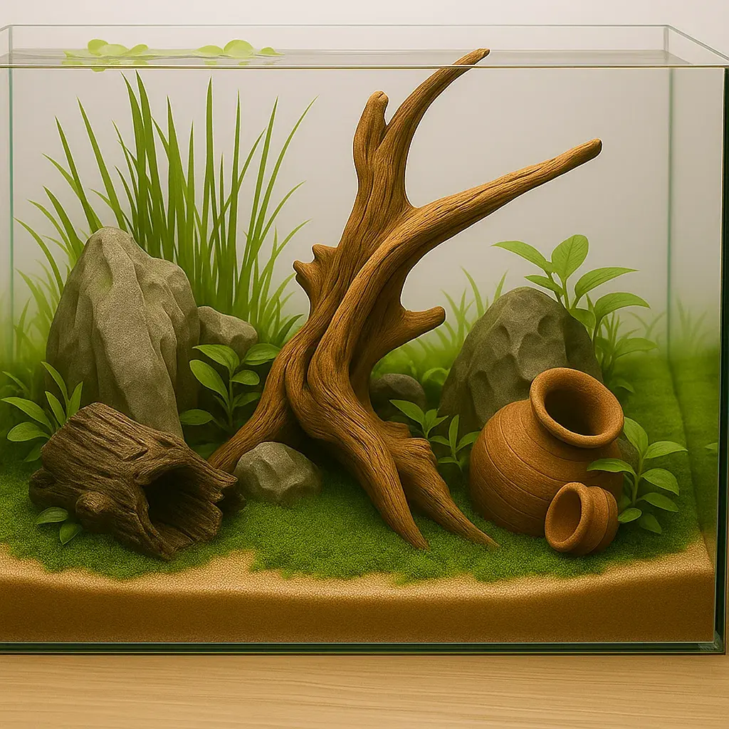 Aquarium with driftwood, rocks, plants, and terracotta pot ornaments.