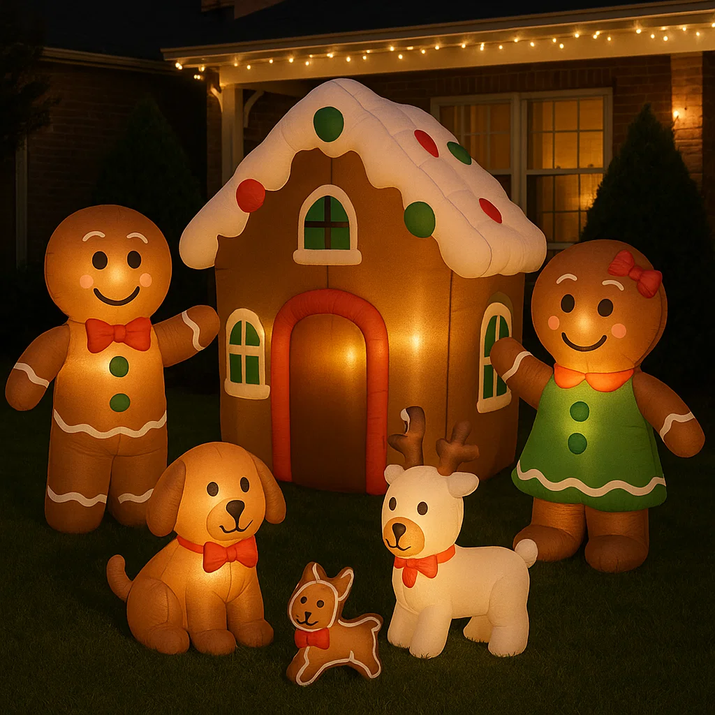 Inflatable gingerbread family with house, dog, and reindeer on lawn.