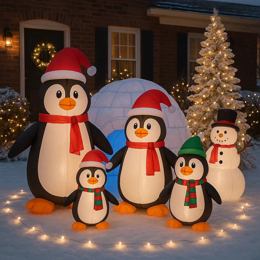 Inflatable penguin family with Santa hats and igloo in snowy yard.