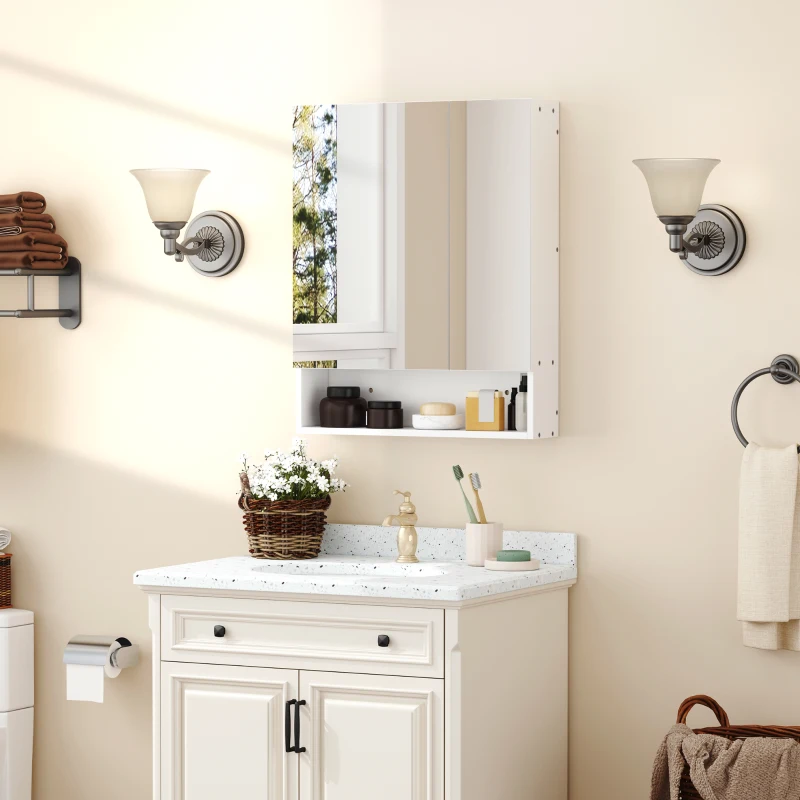 Wall-mounted mirror cabinet above cream vanity with countertop accessories and lights