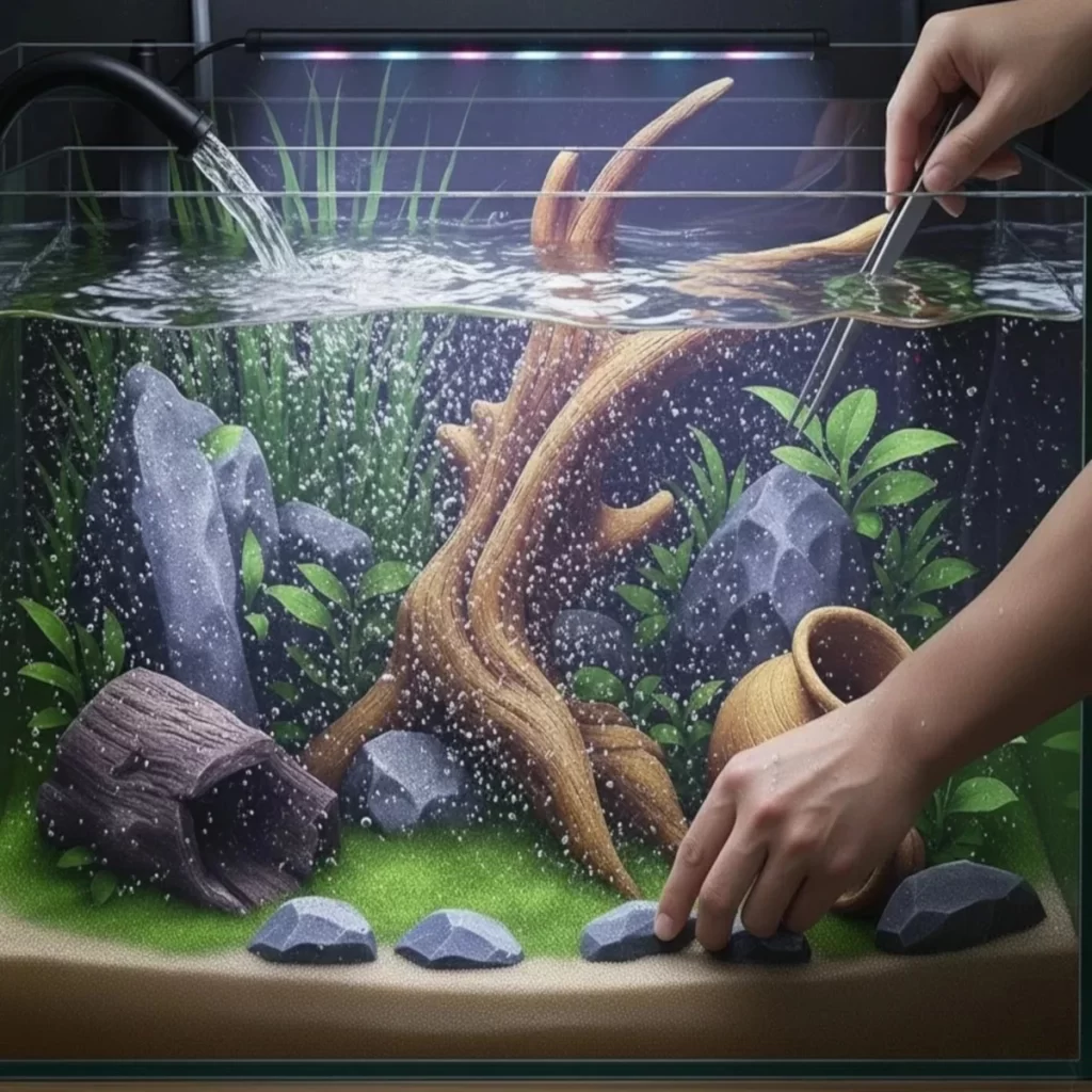Adjusting rocks in a filled aquarium with driftwood and planted background.