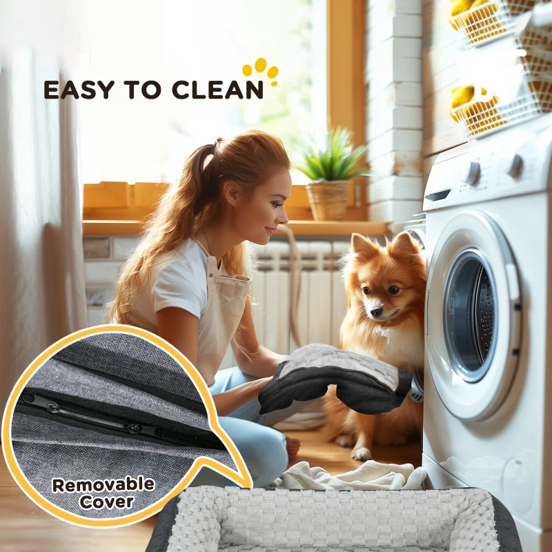 Woman washing removable dog bed cover near washing machine