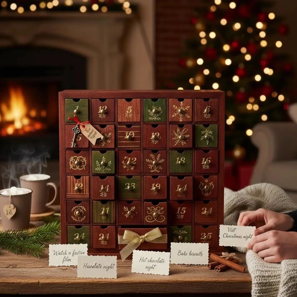 wooden advent calendar with handwritten activity cards displayed