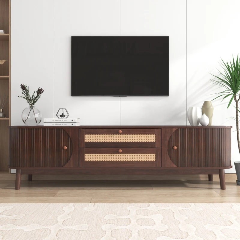 Walnut wood TV cabinet with rattan drawers and elegant style