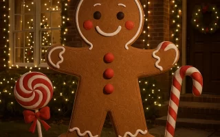 Giant gingerbread man with candy cane and lollipop in front yard.