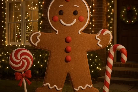 Giant gingerbread man with candy cane and lollipop in front yard.
