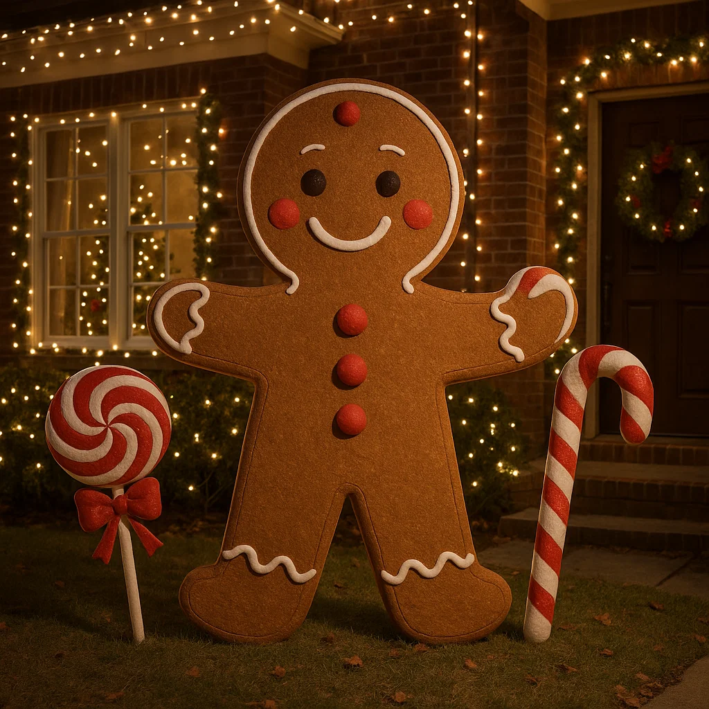Giant gingerbread man with candy cane and lollipop in front yard.
