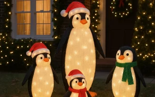 Four light-up penguin figures wearing Santa hats in front yard at night.