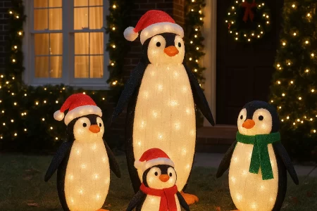 Four light-up penguin figures wearing Santa hats in front yard at night.
