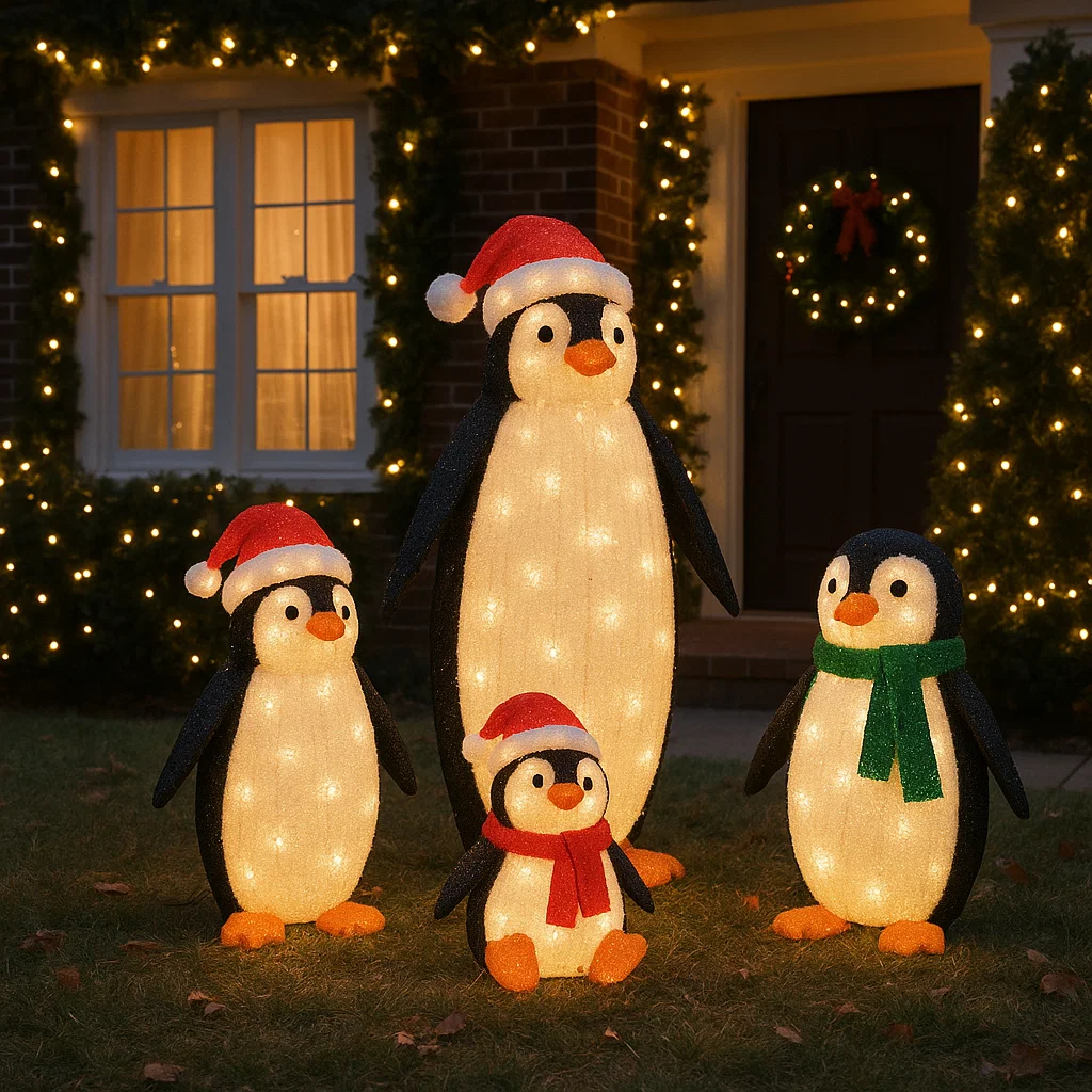 Four light-up penguin figures wearing Santa hats in front yard at night.