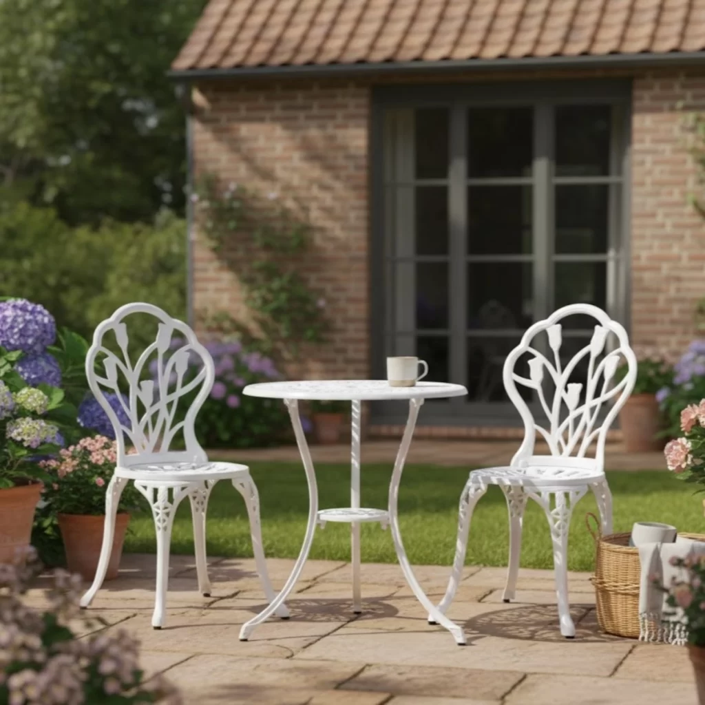 White cast aluminium garden bistro table and chairs on patio with flowers.
