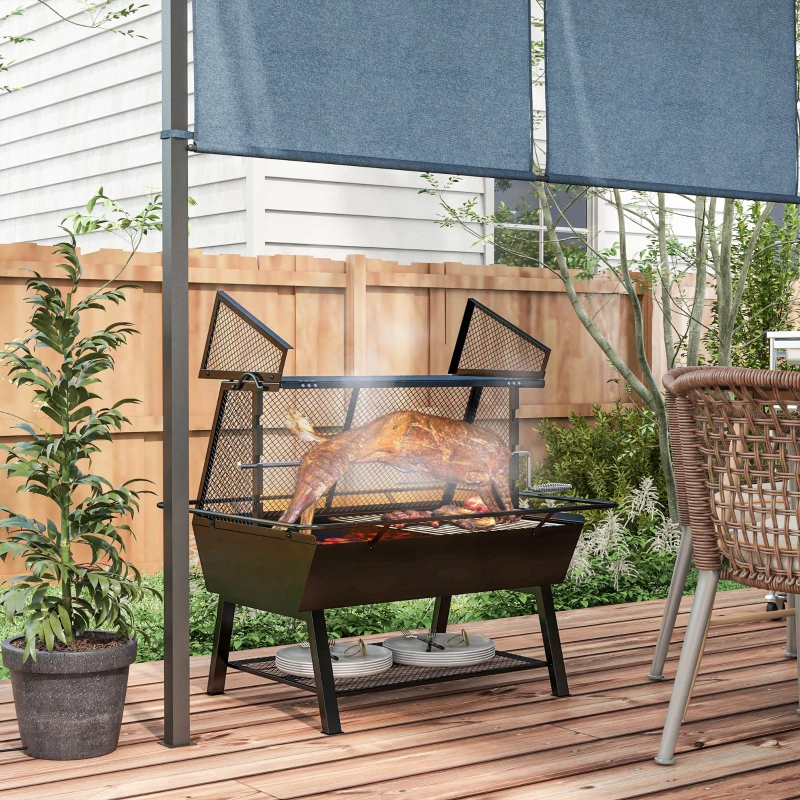 Outdoor barbecue grill roasting meat with patio seating nearby.