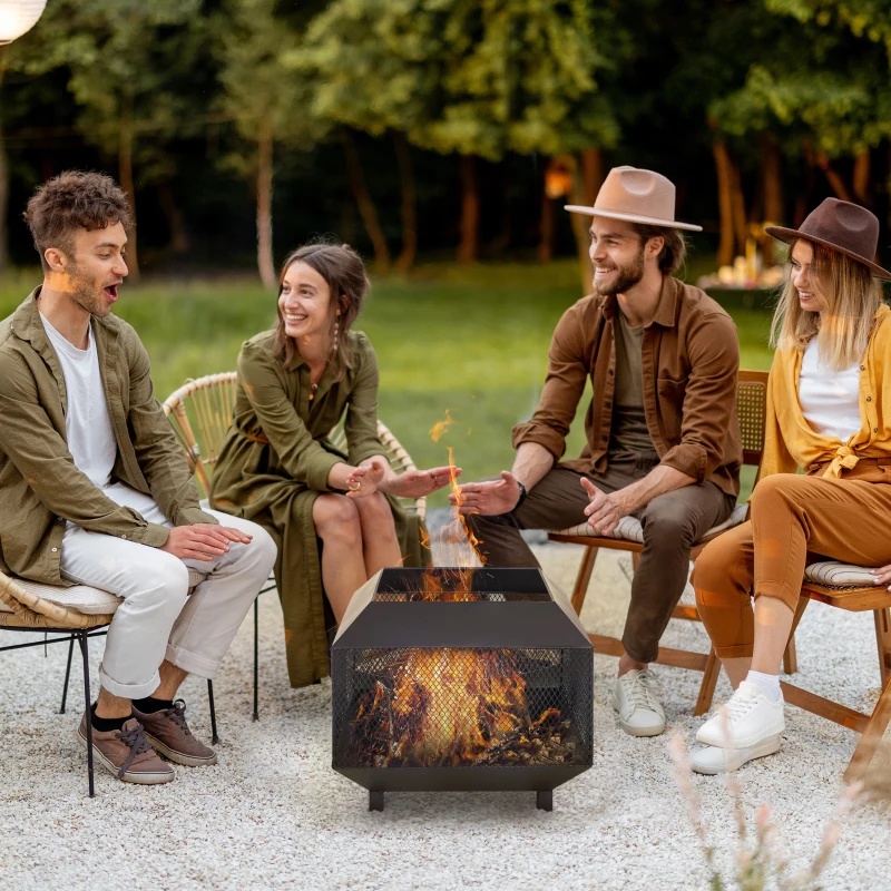 Friends gathered around a modern square fire pit in garden.