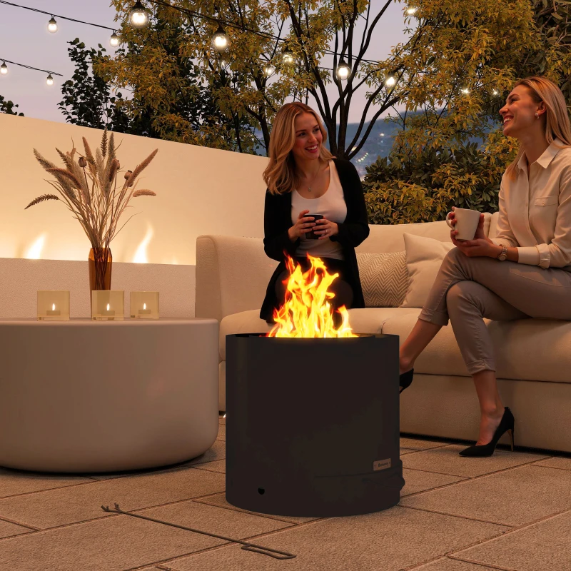 Women enjoying drinks near a glowing round patio fire pit.