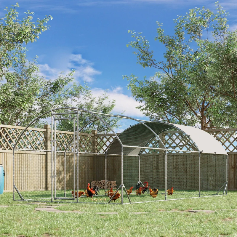 Spacious arched metal chicken enclosure with hens walking on grass.
