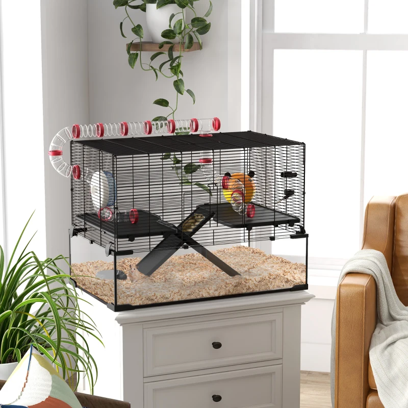 black metal-top glass hamster tank with ramps
