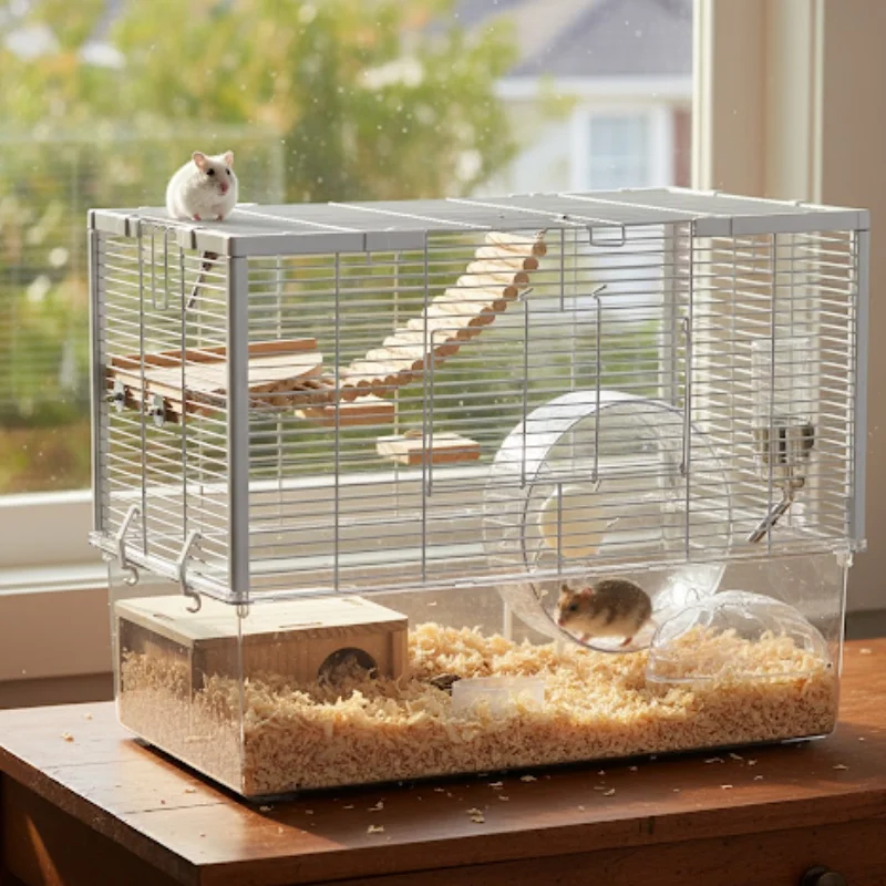 Wire hamster cage with clear base, wheel, and bedding