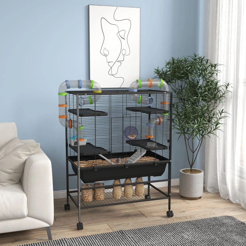 Large tiered hamster cage with tunnels, bedding, and storage shelf.

