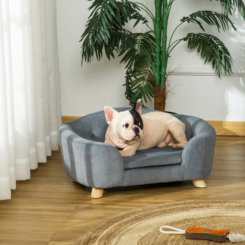 French bulldog lying on grey pet sofa near large potted plant.