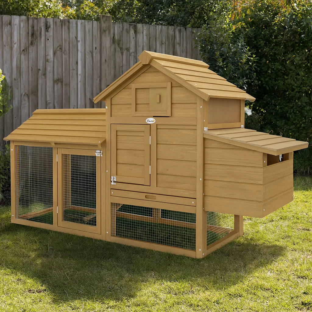Wooden chicken coop with enclosed run and hens exploring near a garden shed.
