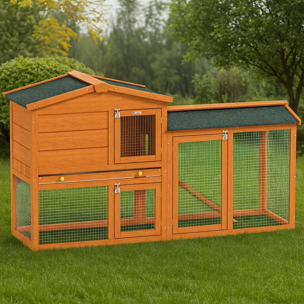 Two-level wooden rabbit hutch with attached mesh run placed on green grass.
