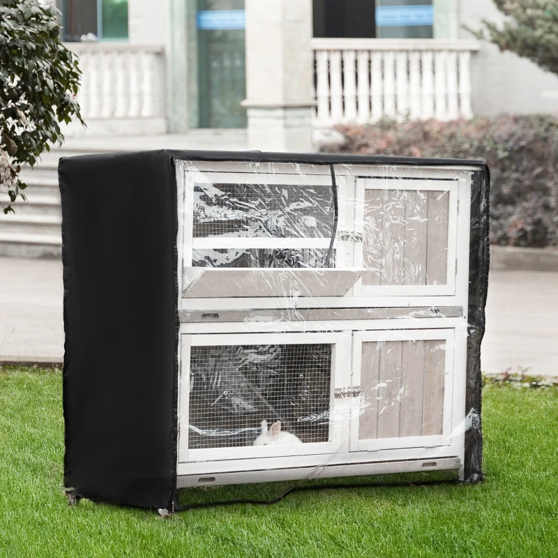 Double-tier rabbit hutch fully covered with transparent weather-proof protective cover outside.
