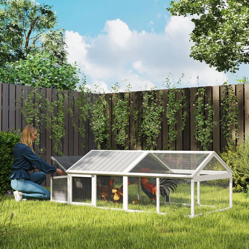 Wooden chicken coop with enclosed run and hens standing near mesh panels.
