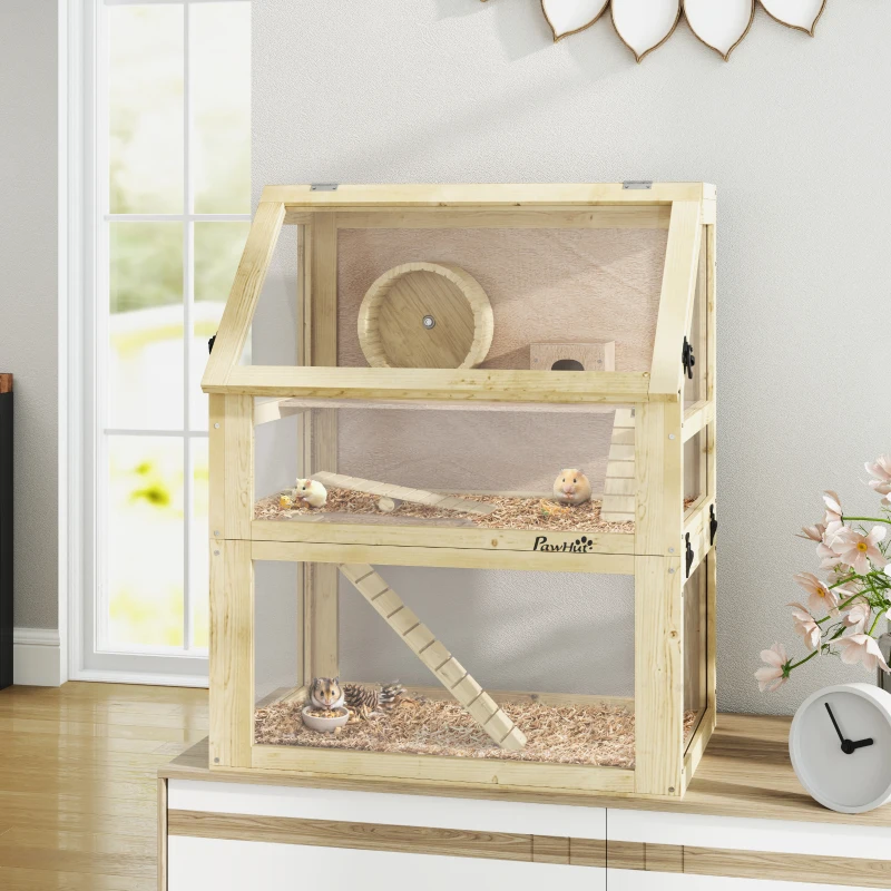 Tall, two-story wooden hamster cage with viewing windows, wheel, ladder.


