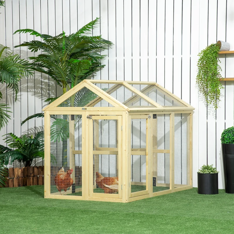 Natural wooden chicken run with mesh sides and hens resting inside.
