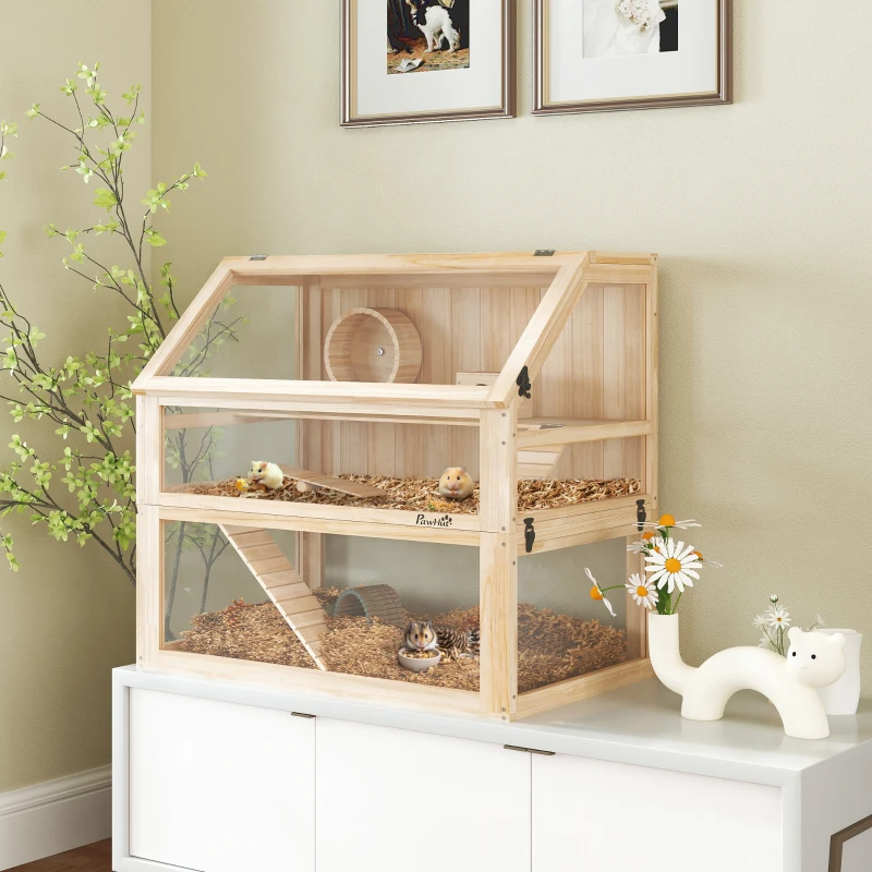 Two-tier natural wood hamster cage with glass front, wheel, and ramp.

