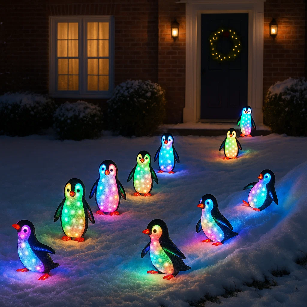 Colorful LED penguin lights glowing along snowy front walkway at night.

