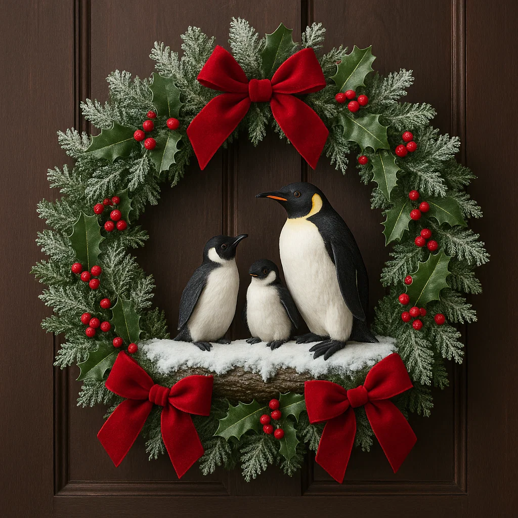 Christmas wreath with penguins, red bows, holly, and frosted leaves on door.
