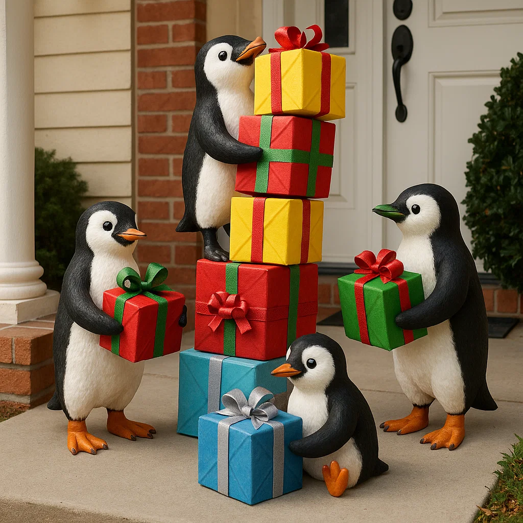 Penguins stacking colorful wrapped presents on festive porch