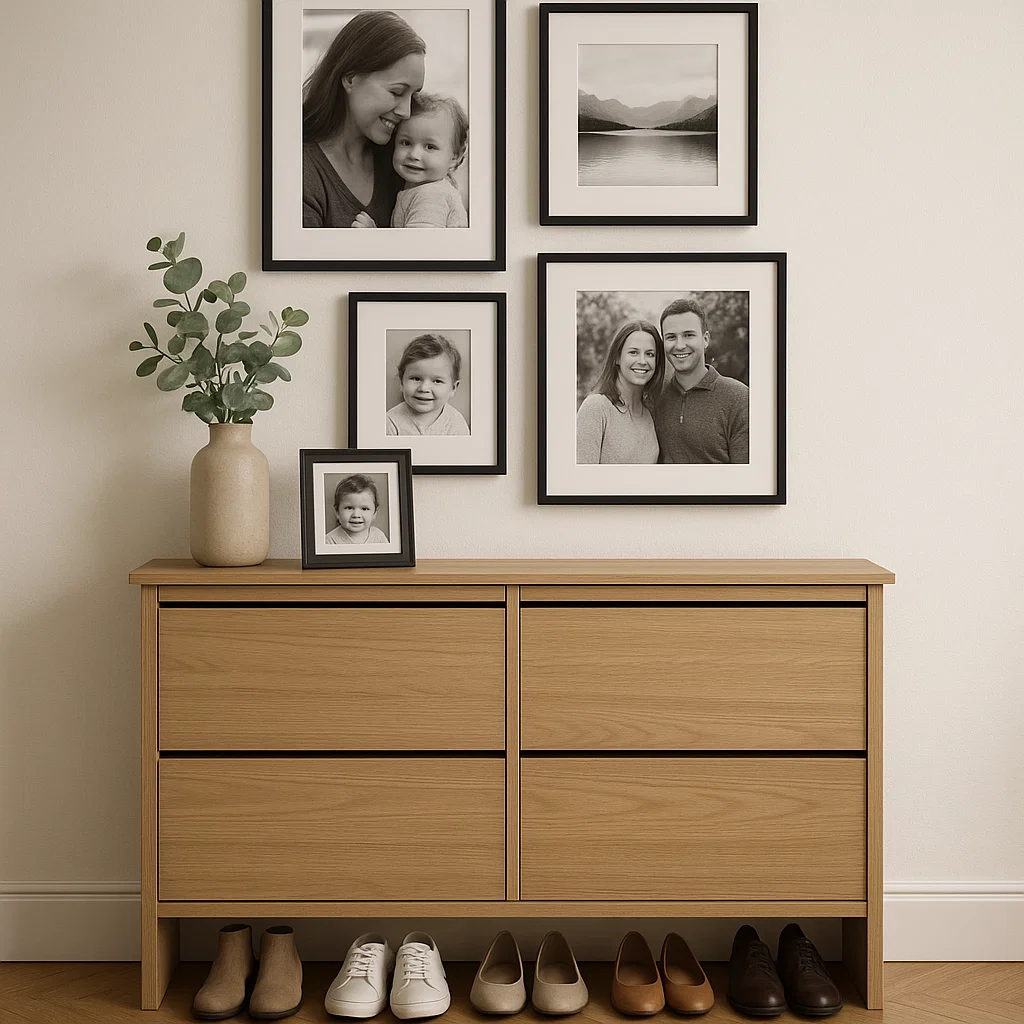 Wooden shoe cabinet under framed family portraits with vase and decor.