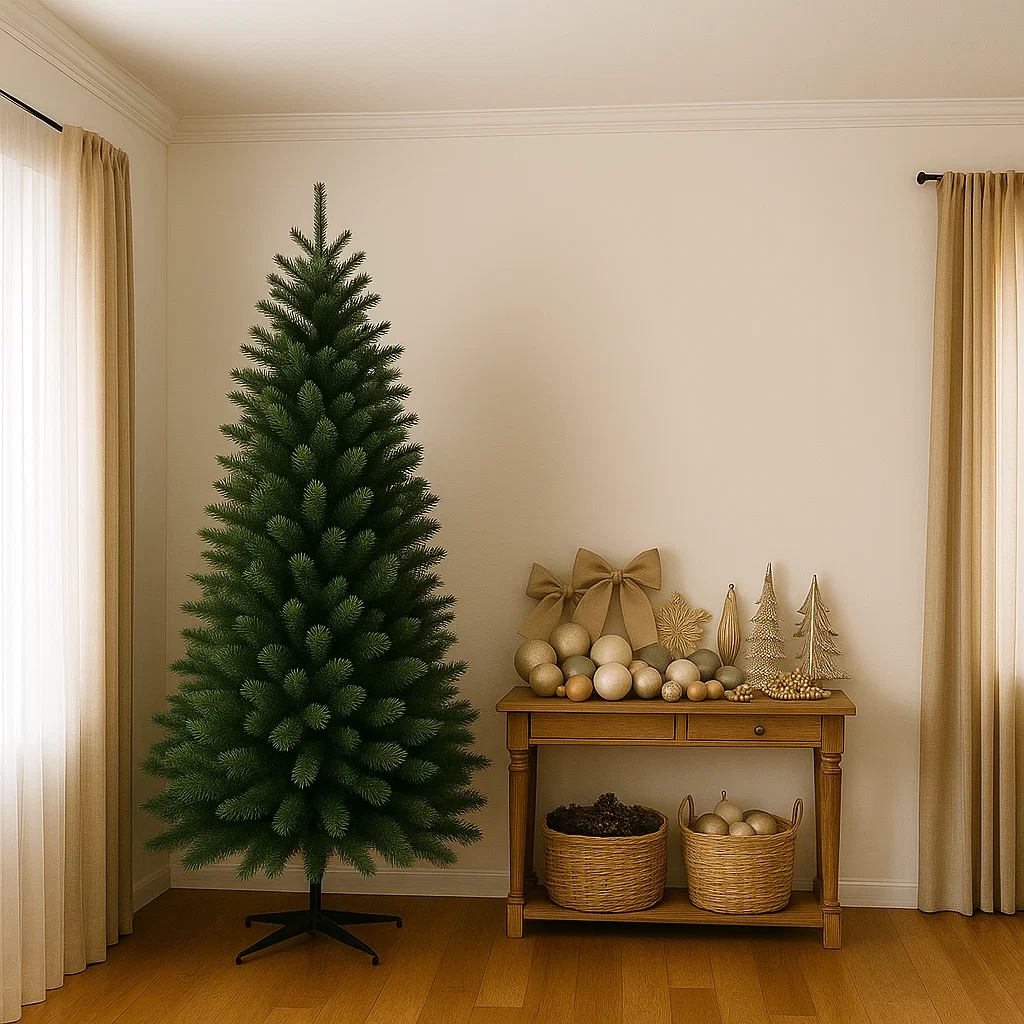 Undecorated Christmas tree beside table with gold ornaments and bows