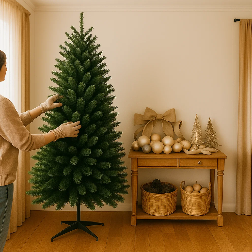 Person adjusting branches of artificial Christmas tree indoors
