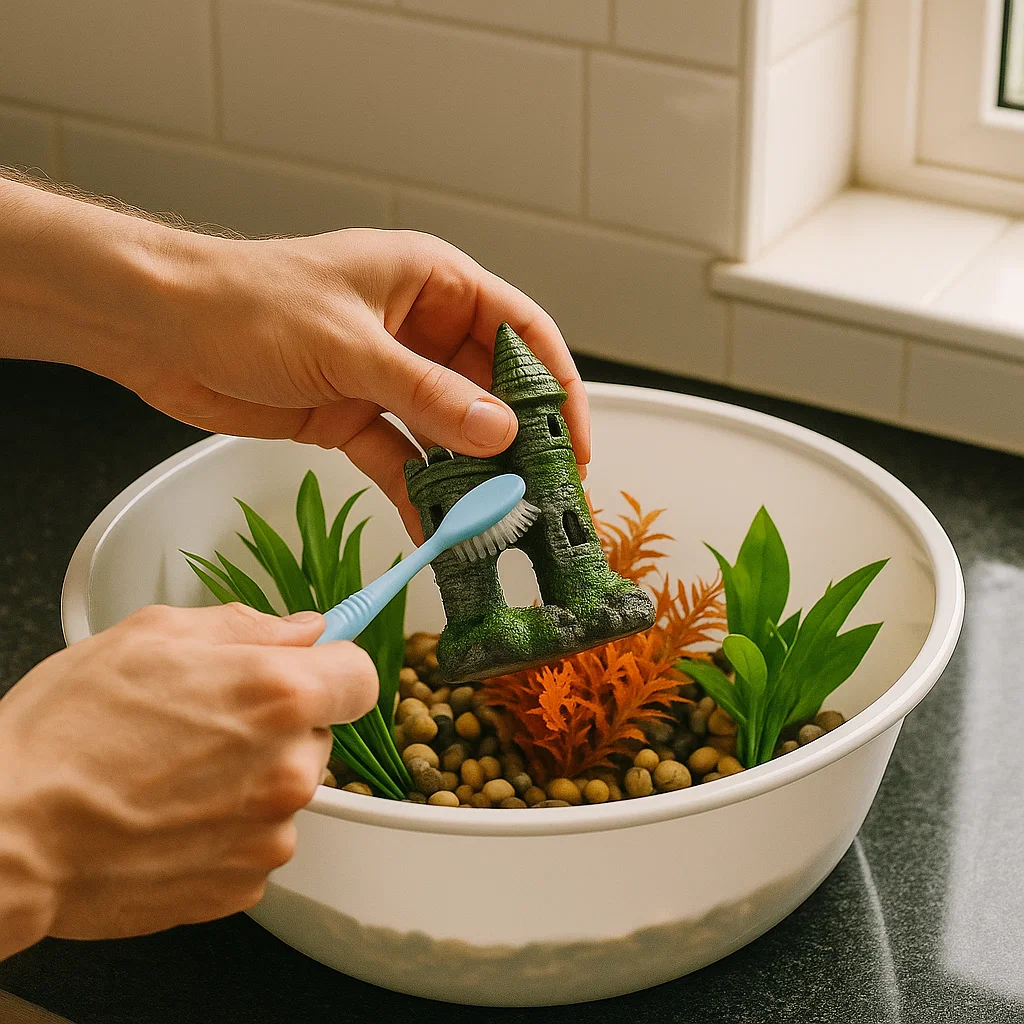 Man cleaning fish tank Decoration with toothbrush