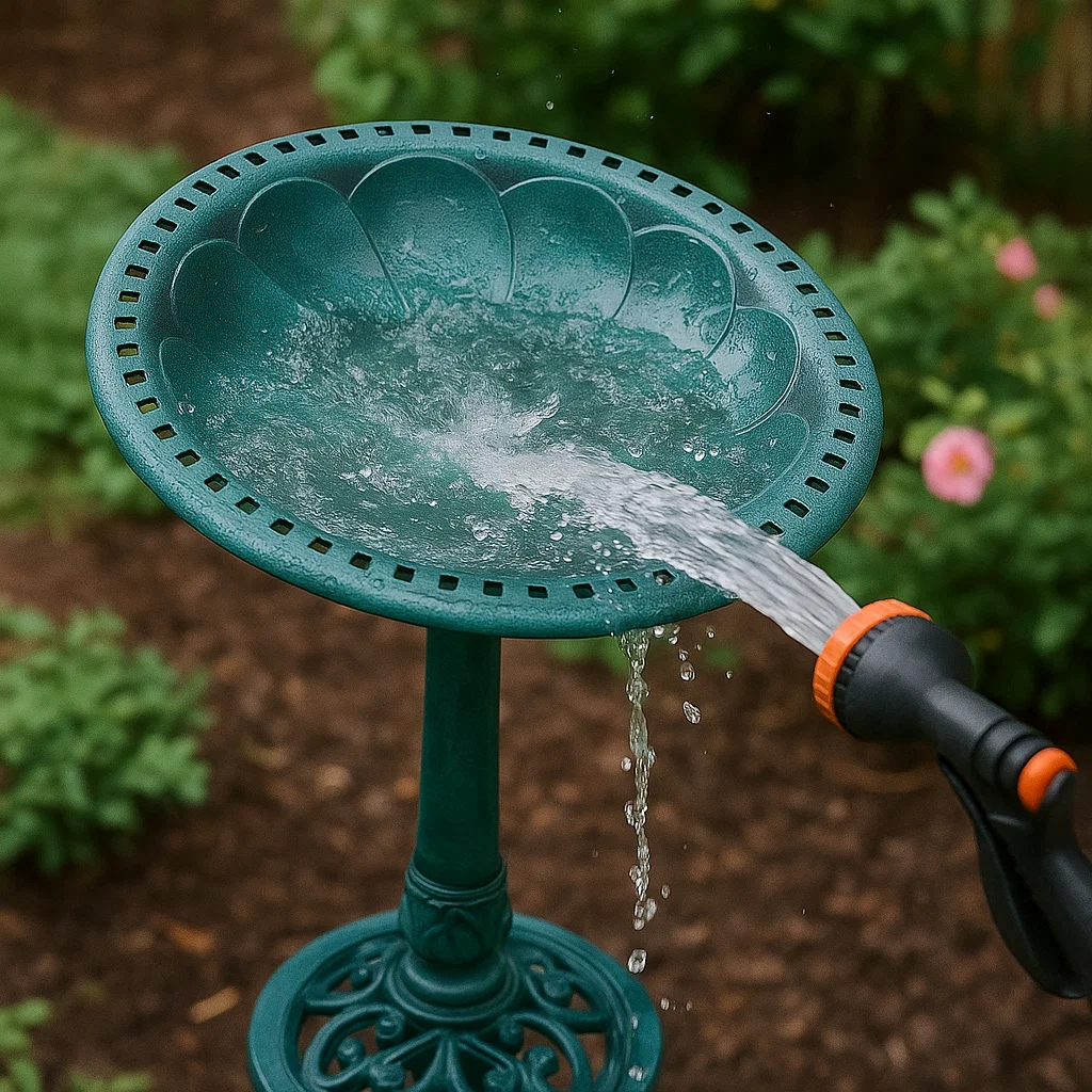 Spraying water into the green bird bath bowl to rinse thoroughly.