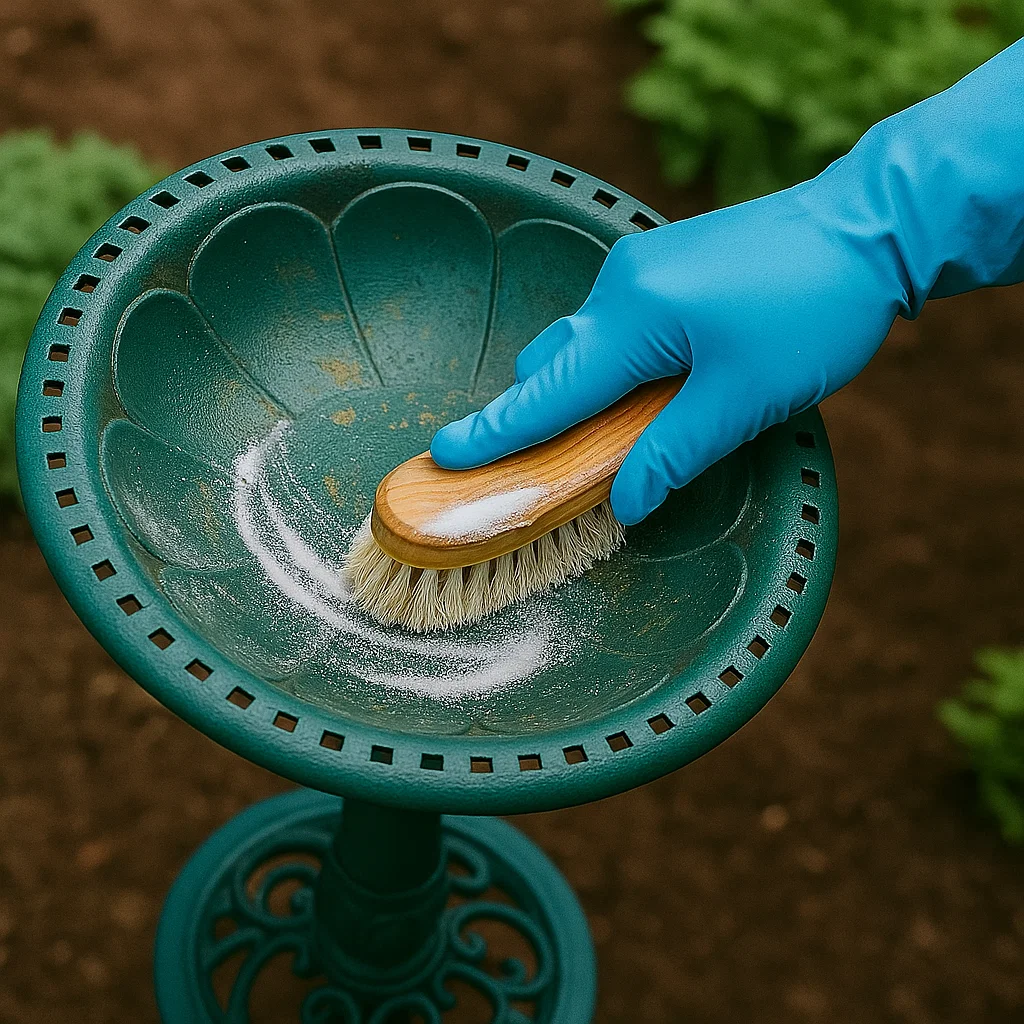 Gloved hand scrubbing the bird bath bowl with a brush.