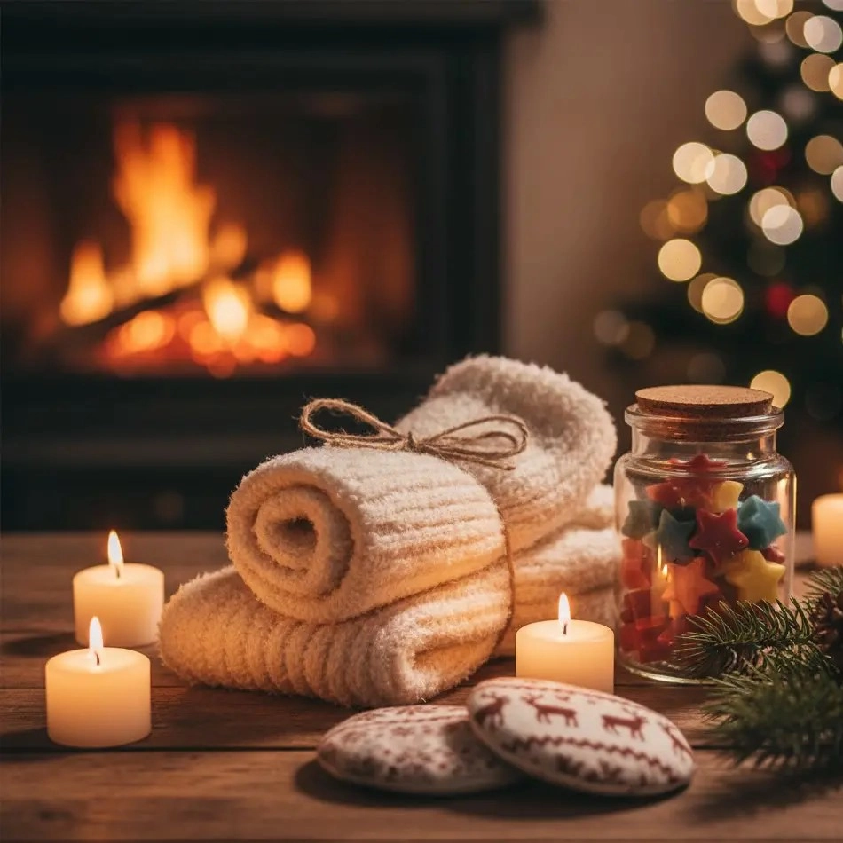 cosy scene with rolled towels, candles and jar of colourful stars
