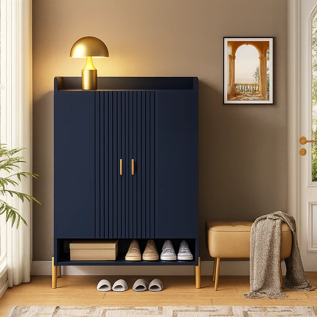 Navy blue cabinet with gold lamp and shoes underneath.