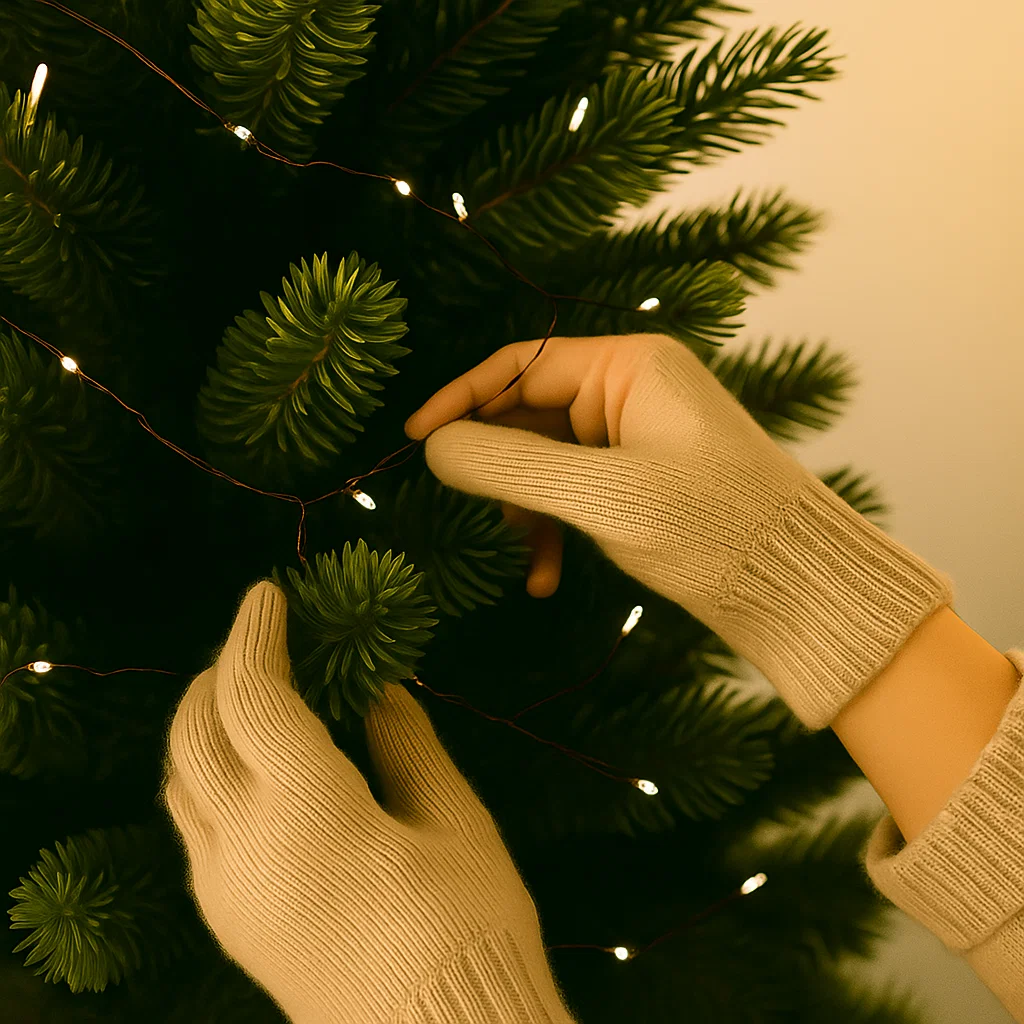Gloved hands wrapping string lights around Christmas tree branches