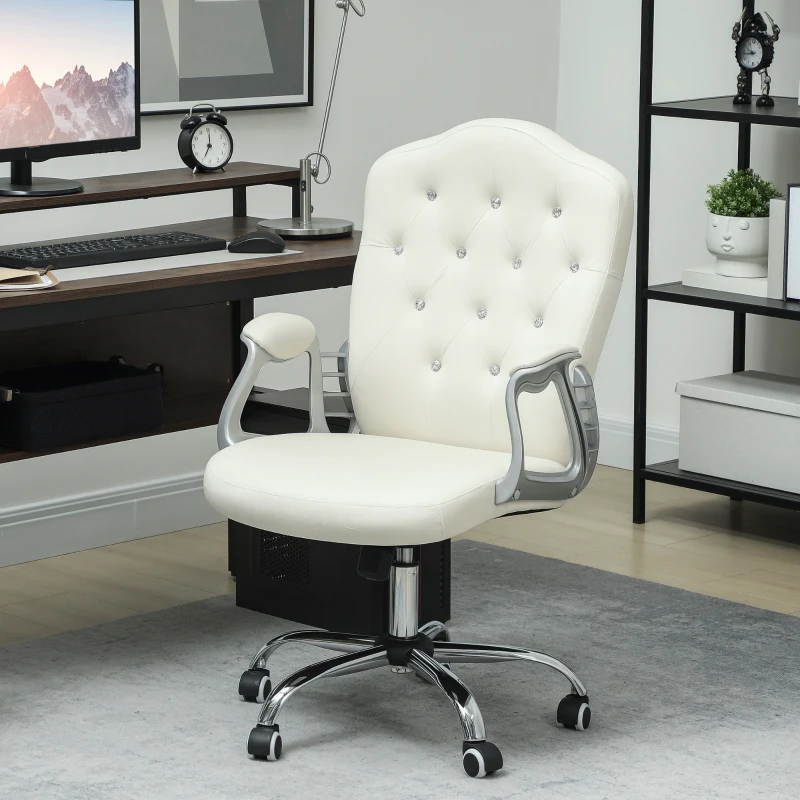 White tufted swivel office chair with crystal button back