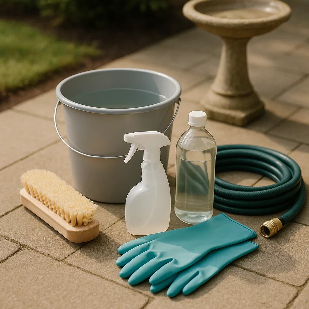 Cleaning supplies, including bucket, brush, hose, gloves, and vinegar.