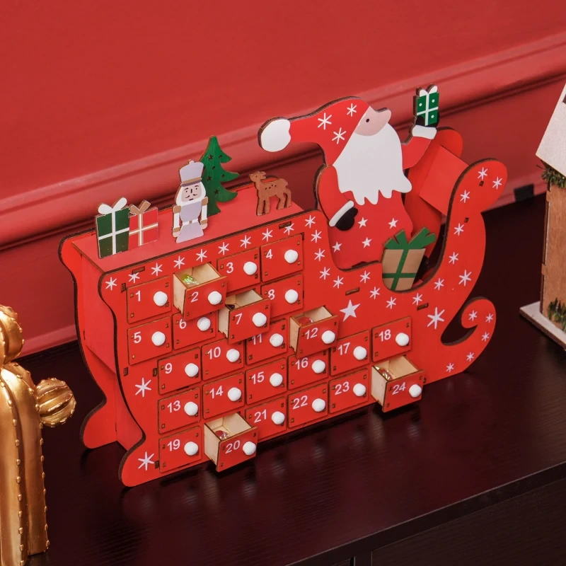 red Santa sleigh calendar with open drawers