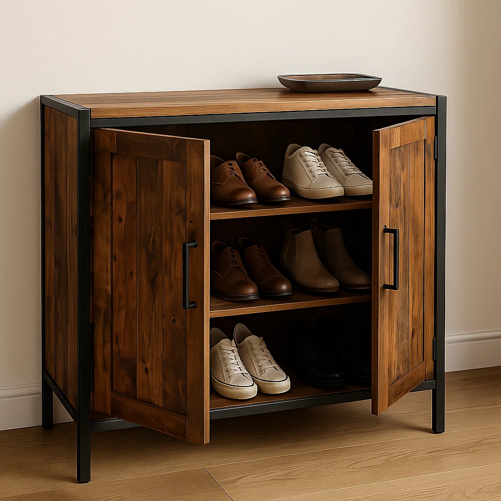Rustic wooden shoe cabinet with open doors showing organized shoes.